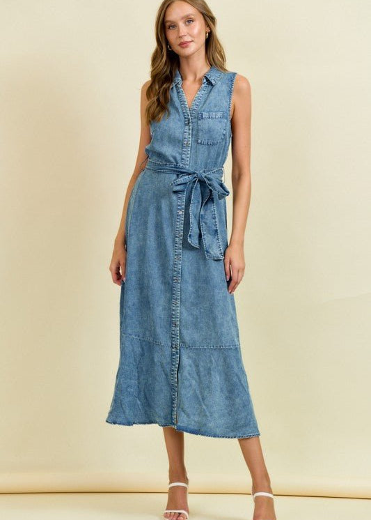Dark Denim Belted Sun Dress - The Nines