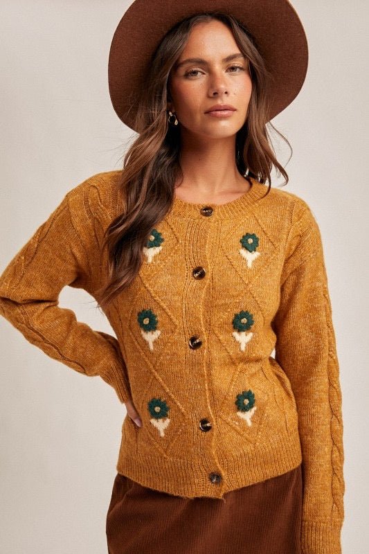 Dijon Mustard Floral Motif Cardigan - The Nines
