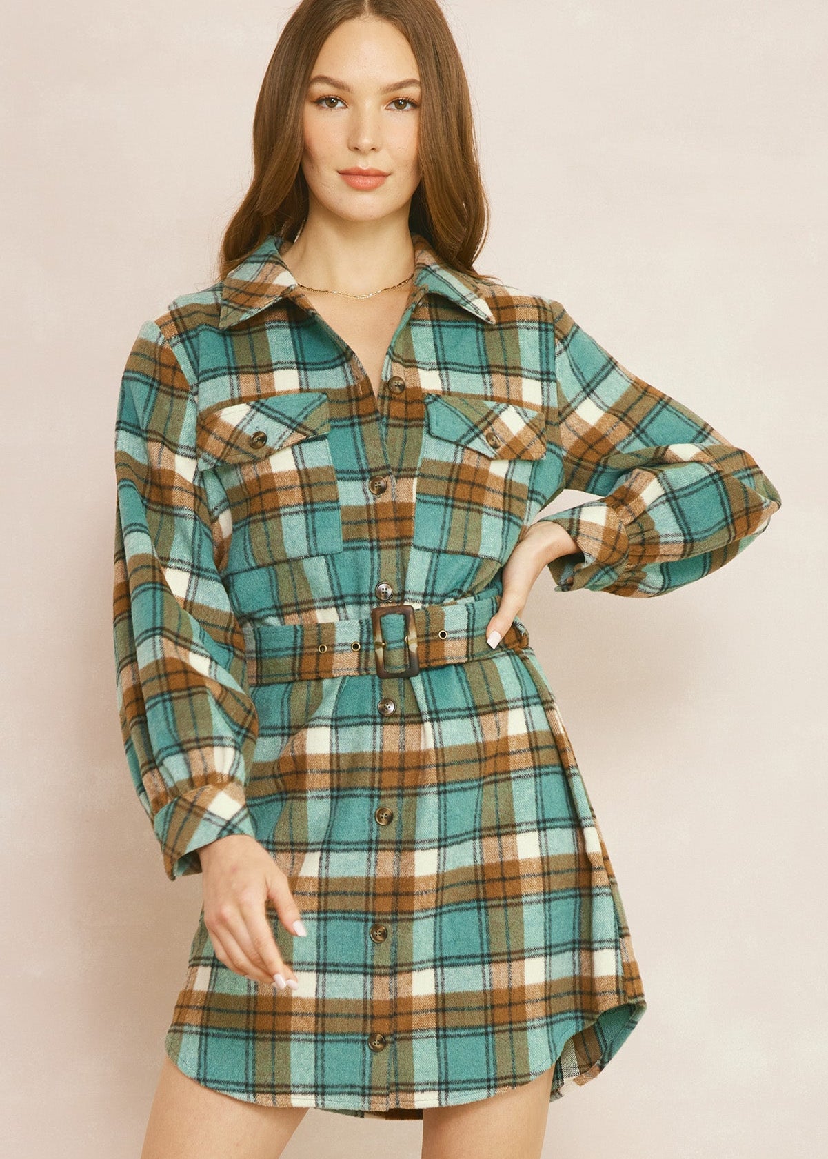Brown & Sea Green Plaid Dress - The Nines