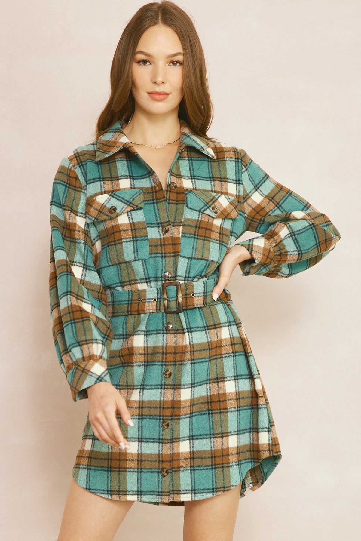 Brown & Sea Green Plaid Dress - The Nines