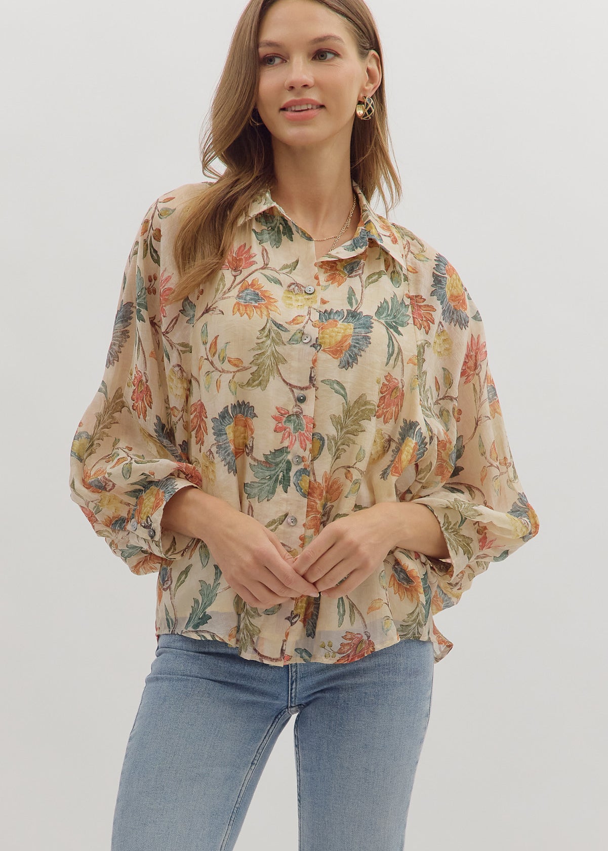 Ecru Floral Woven Long Sleeve - The Nines