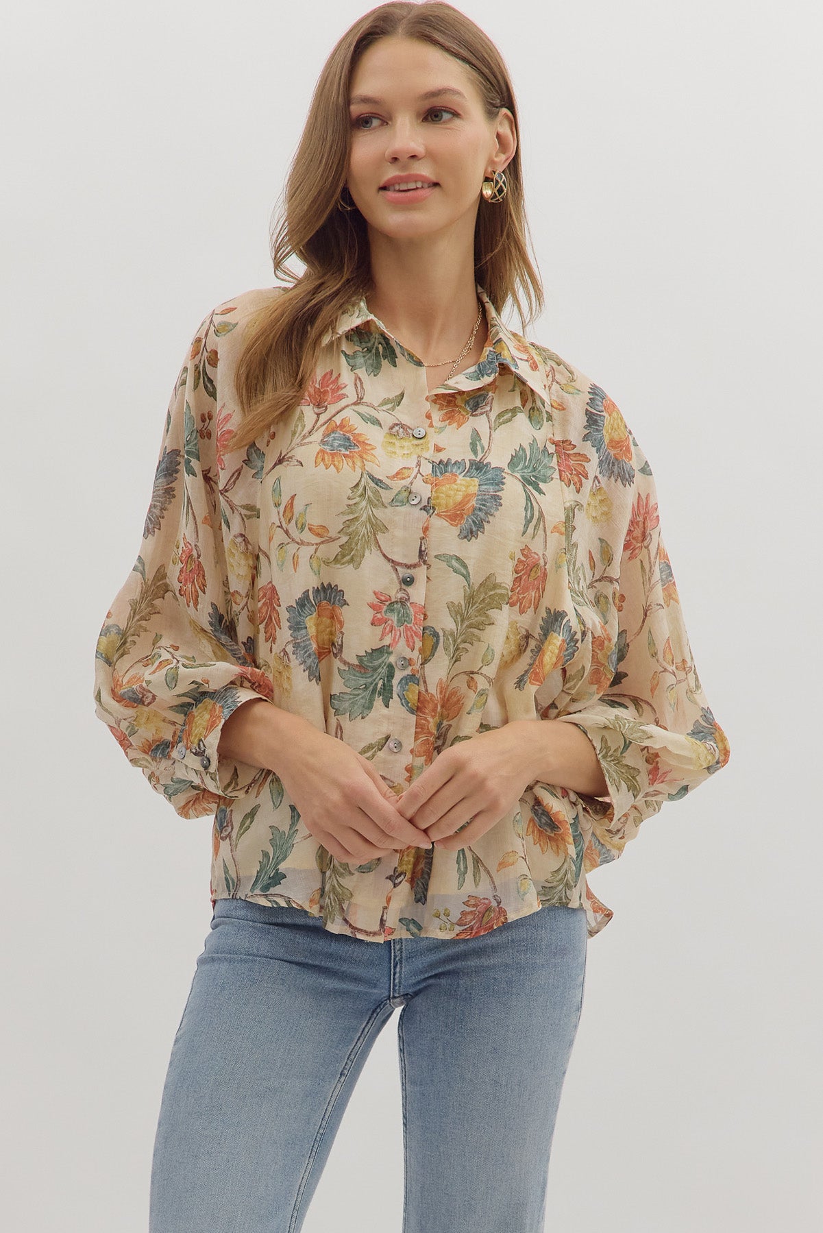 Ecru Floral Woven Long Sleeve - The Nines