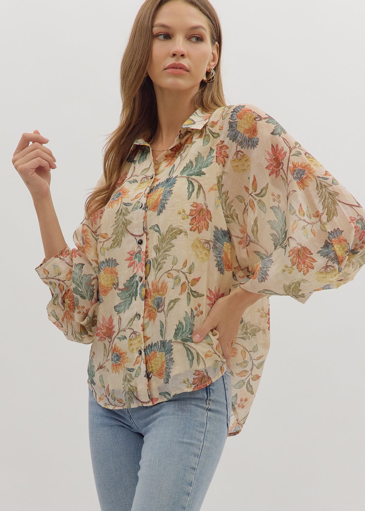 Ecru Floral Woven Long Sleeve - The Nines