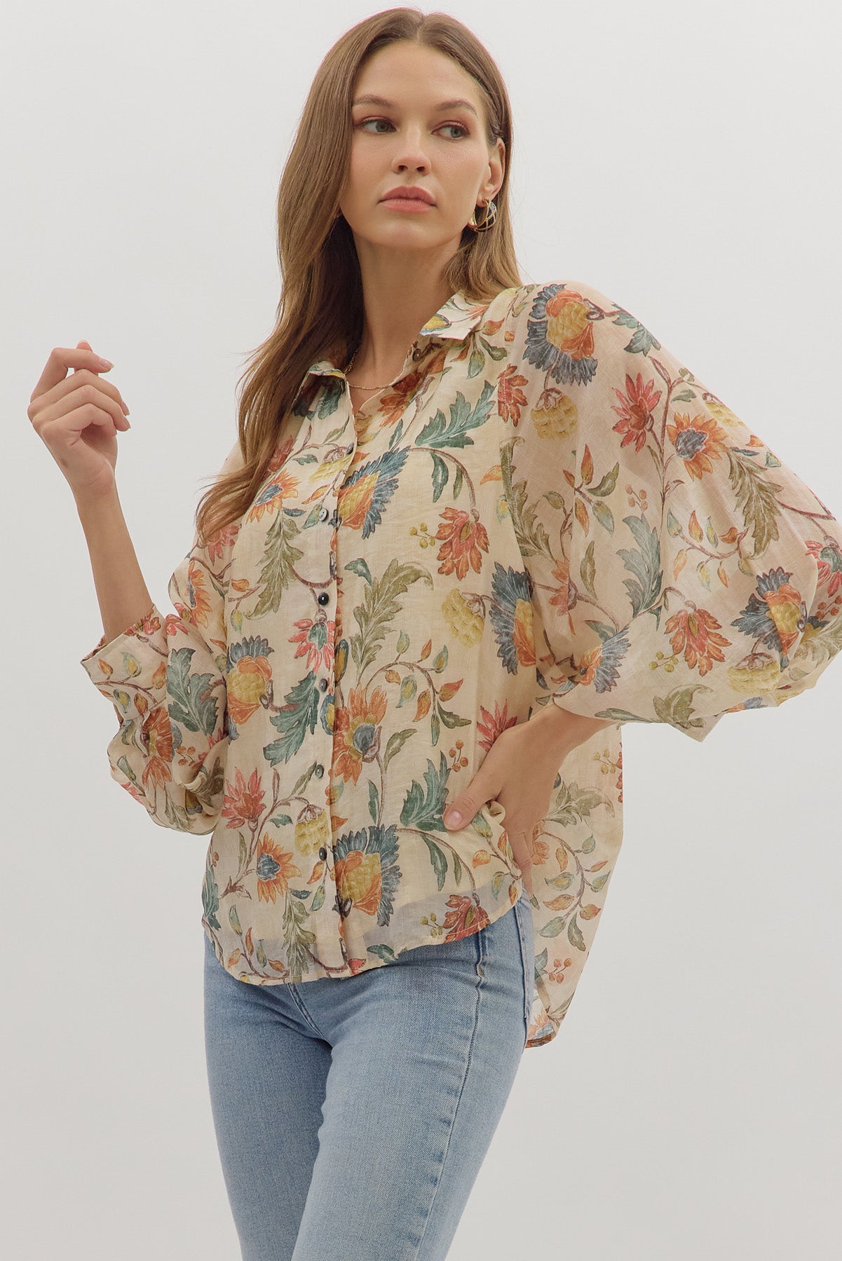 Ecru Floral Woven Long Sleeve - The Nines
