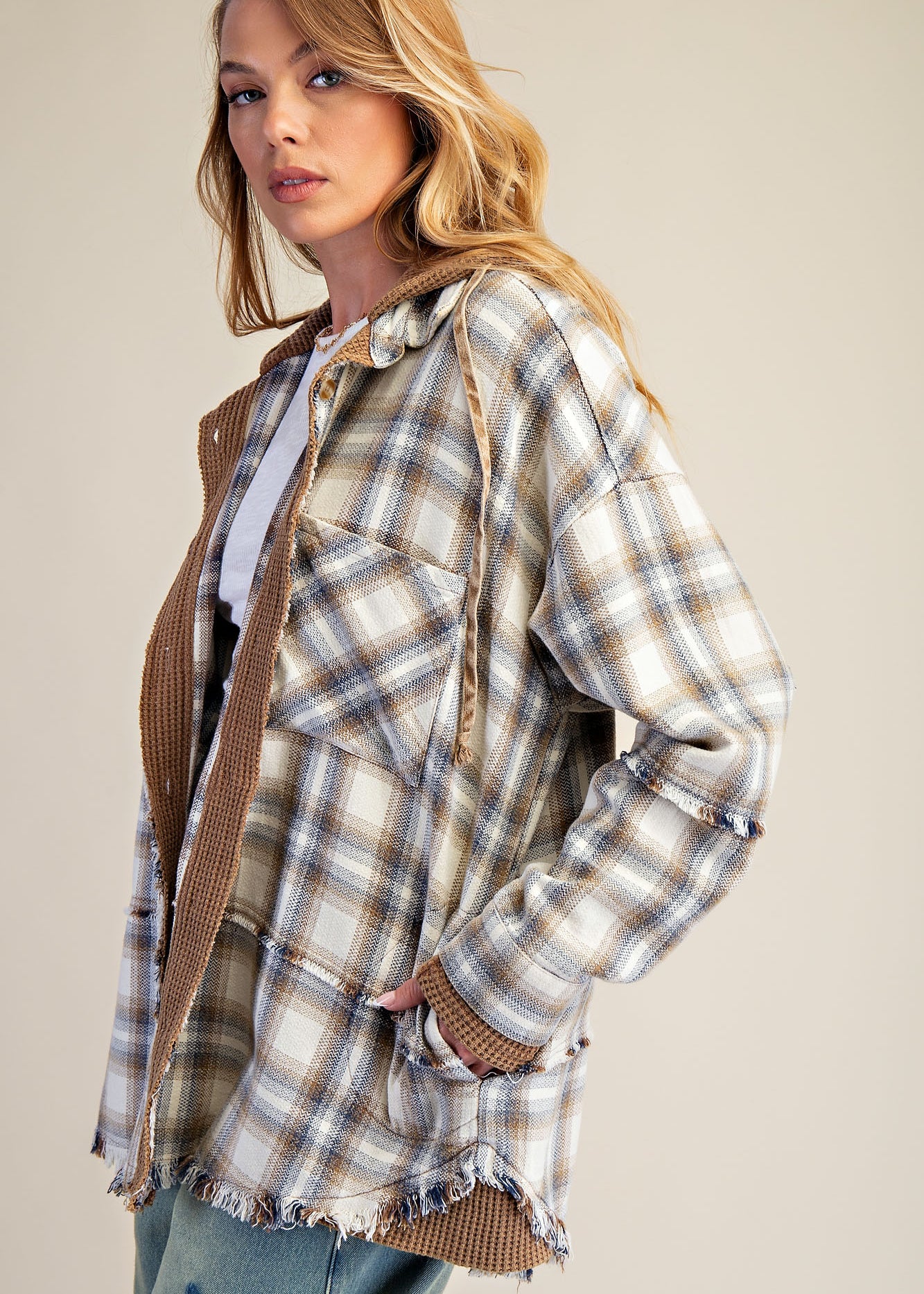Easel Brand Cream Plaid Shacket with Waffle Details - The Nines