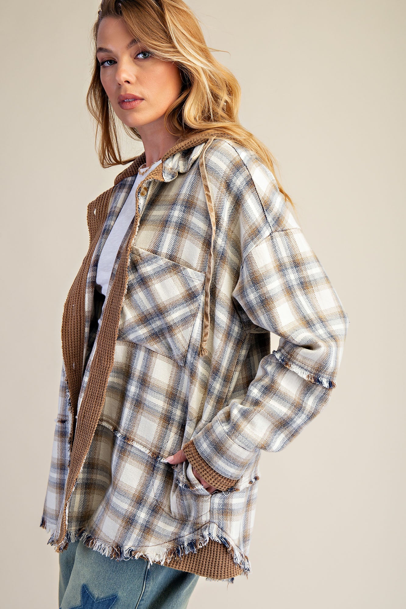 Easel Brand Cream Plaid Shacket with Waffle Details - The Nines