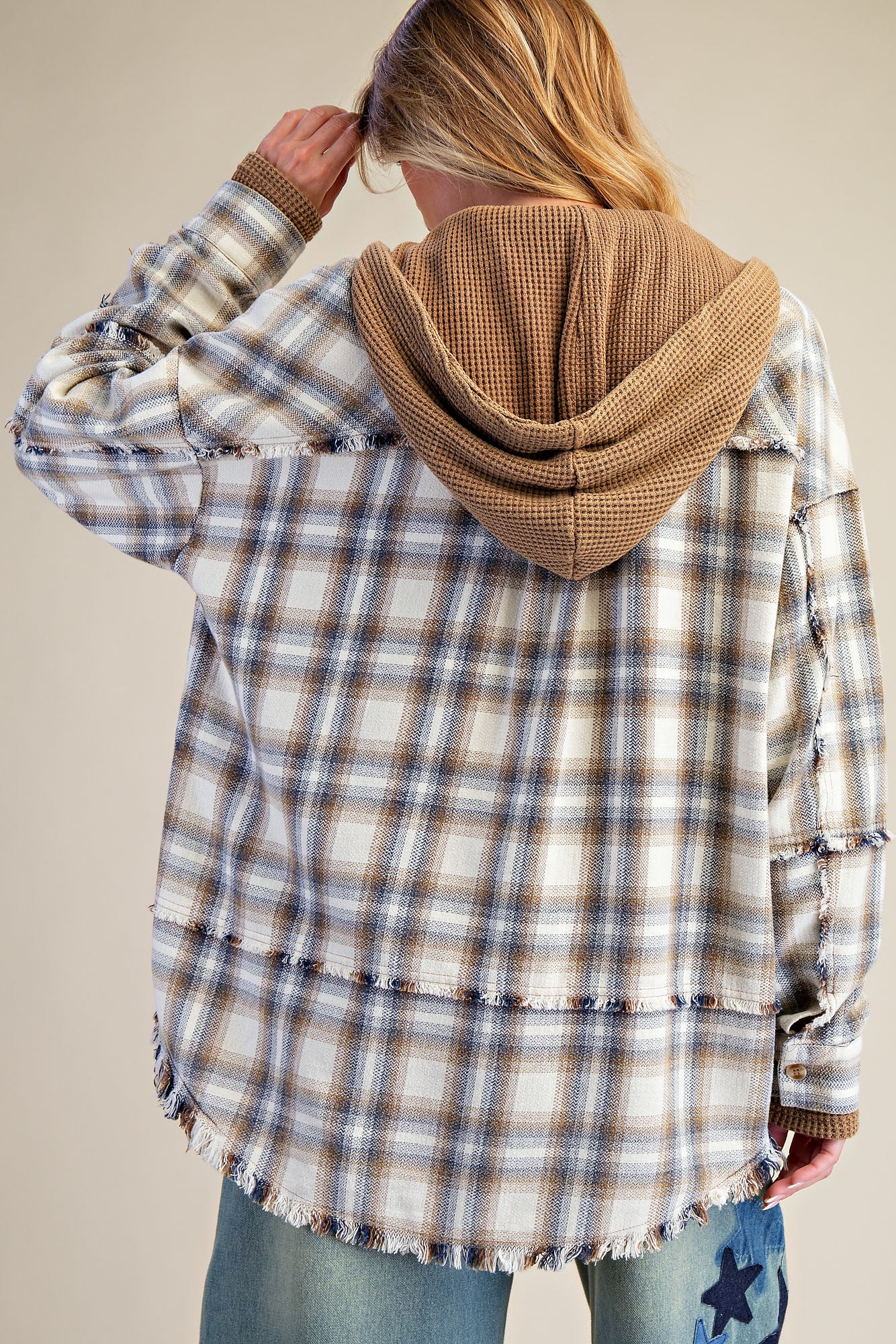 Easel Brand Cream Plaid Shacket with Waffle Details - The Nines