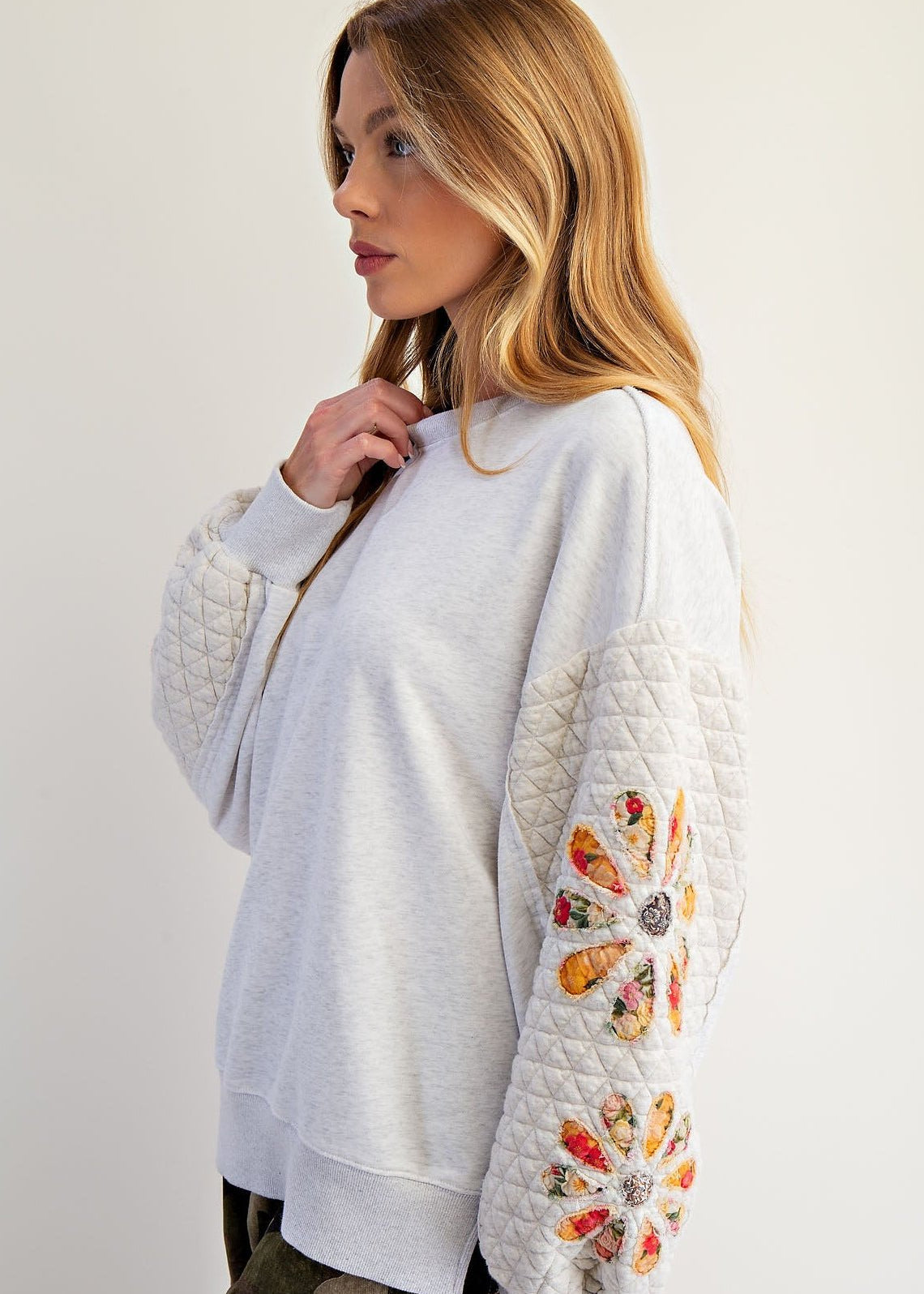 Easel Brand Quilted & Embroidered Sleeve Heather Gray Sweatshirt - FINAL SALE! - The Nines