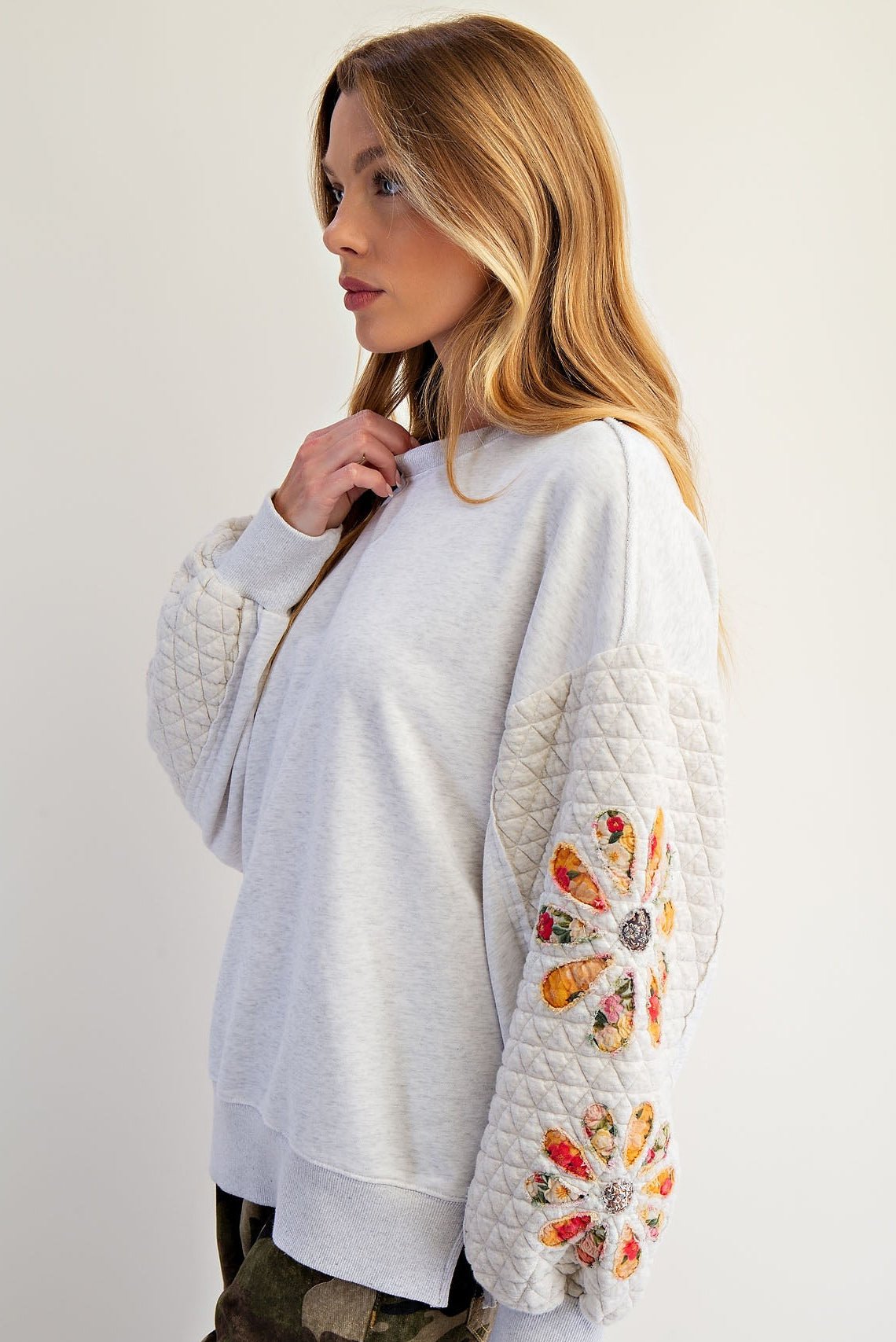 Easel Brand Quilted & Embroidered Sleeve Heather Gray Sweatshirt - FINAL SALE! - The Nines