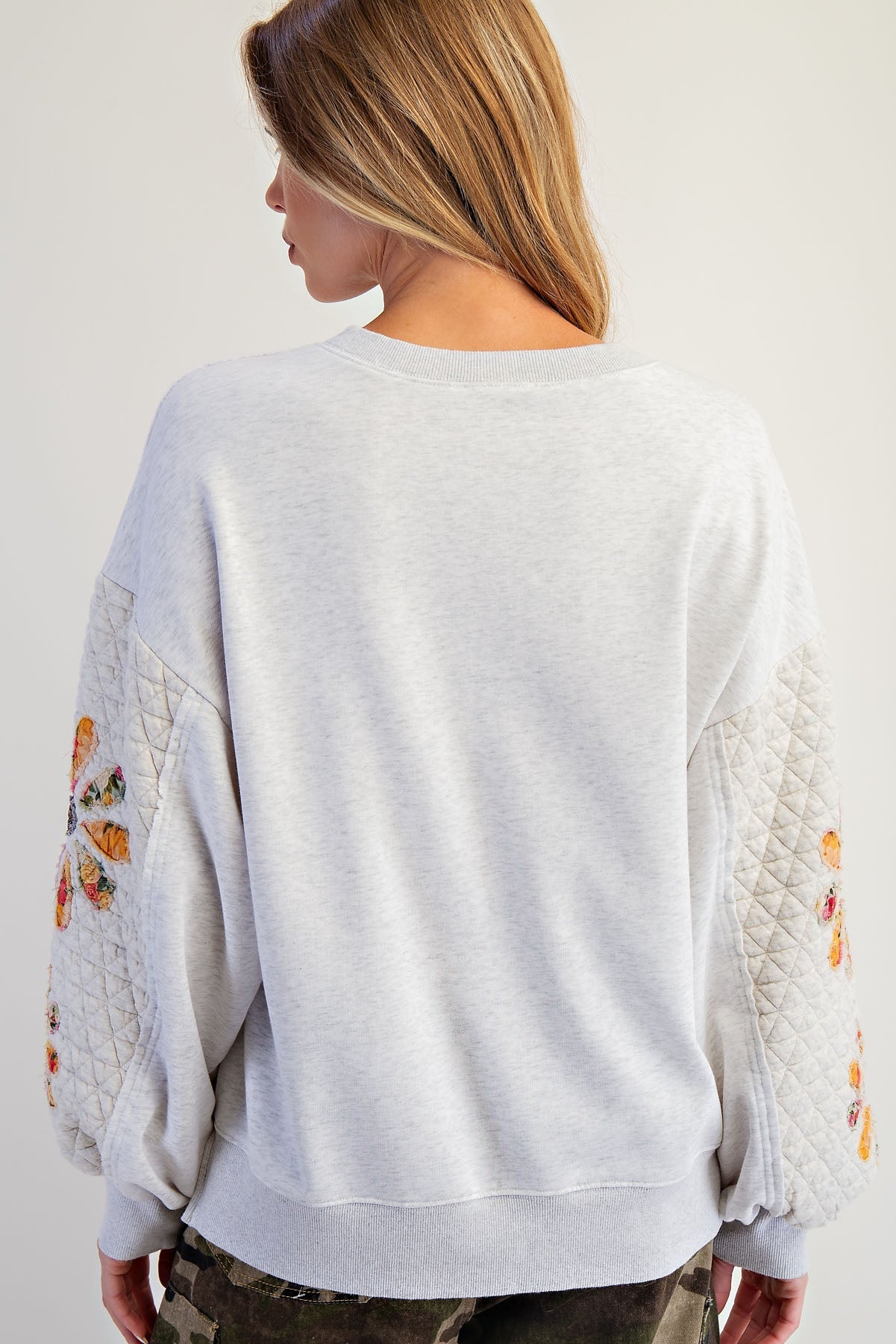 Easel Brand Quilted & Embroidered Sleeve Heather Gray Sweatshirt - FINAL SALE! - The Nines