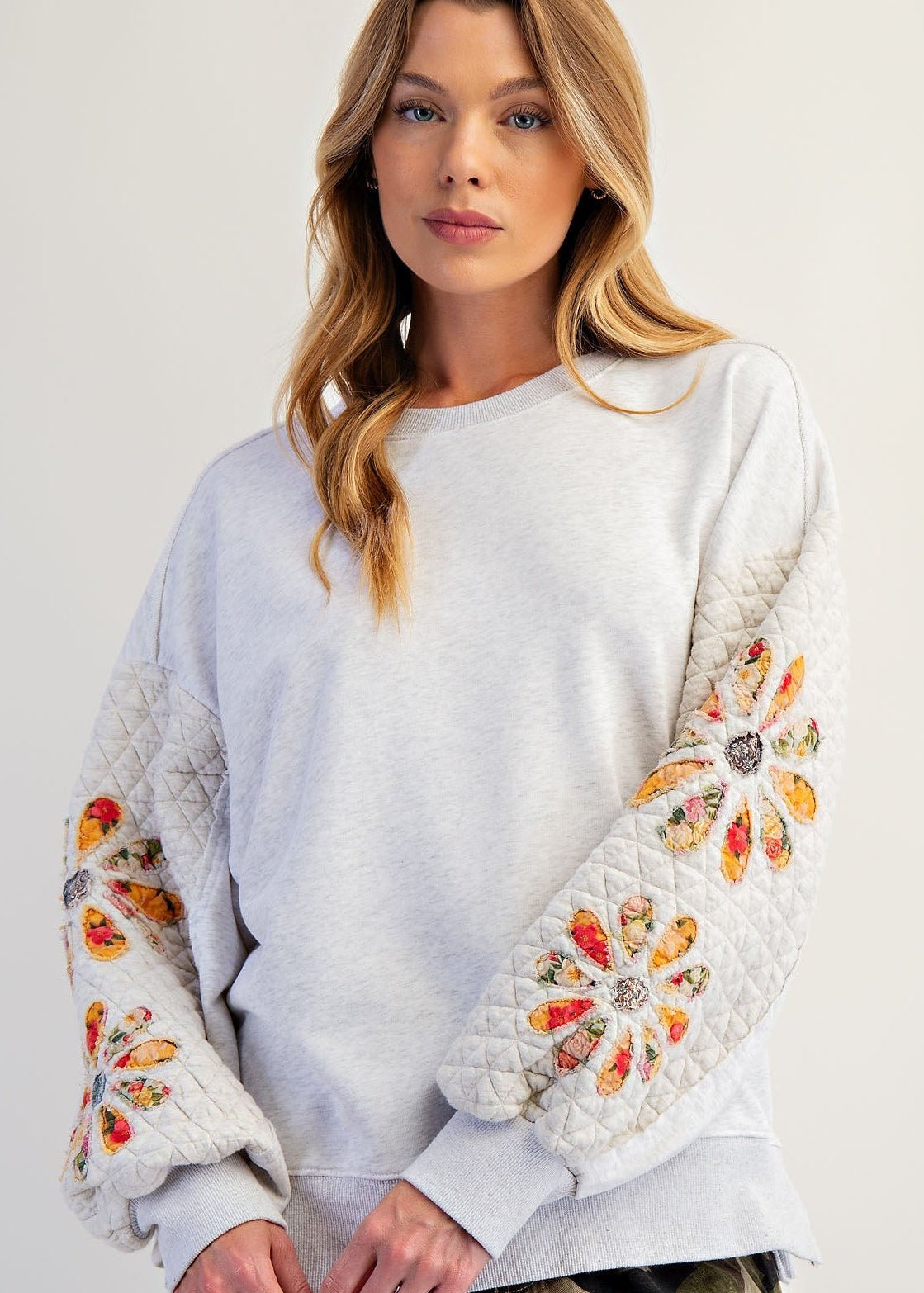 Easel Brand Quilted & Embroidered Sleeve Heather Gray Sweatshirt - FINAL SALE! - The Nines