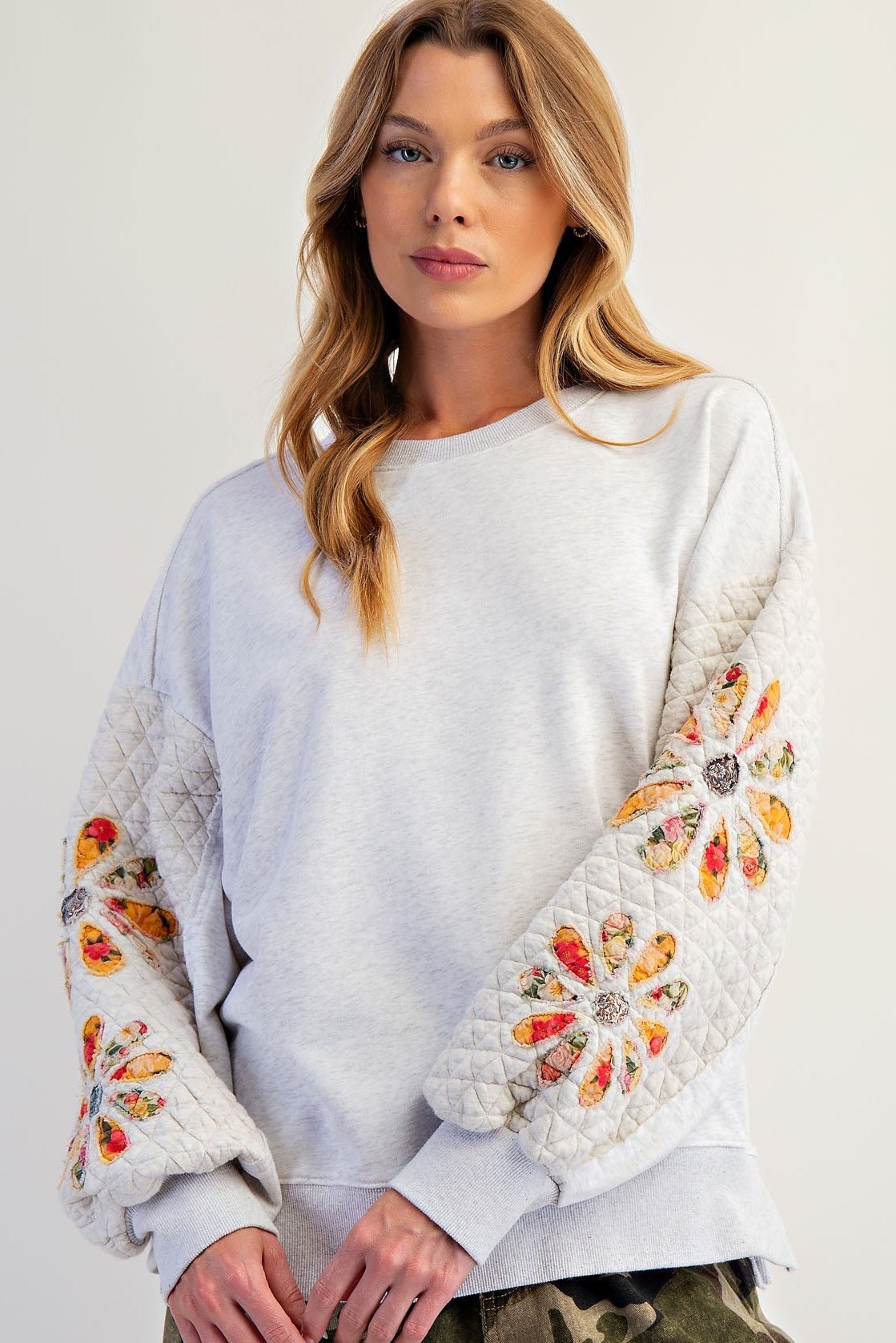 Easel Brand Quilted & Embroidered Sleeve Heather Gray Sweatshirt - FINAL SALE! - The Nines