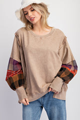 Mocha Plaid Patch Sleeve Sweatshirt