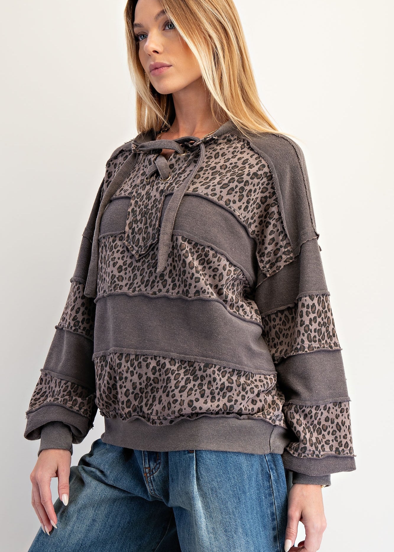 Easel Brand Animal Print Lace Up Sweatshirt - 2 Colors! - The Nines