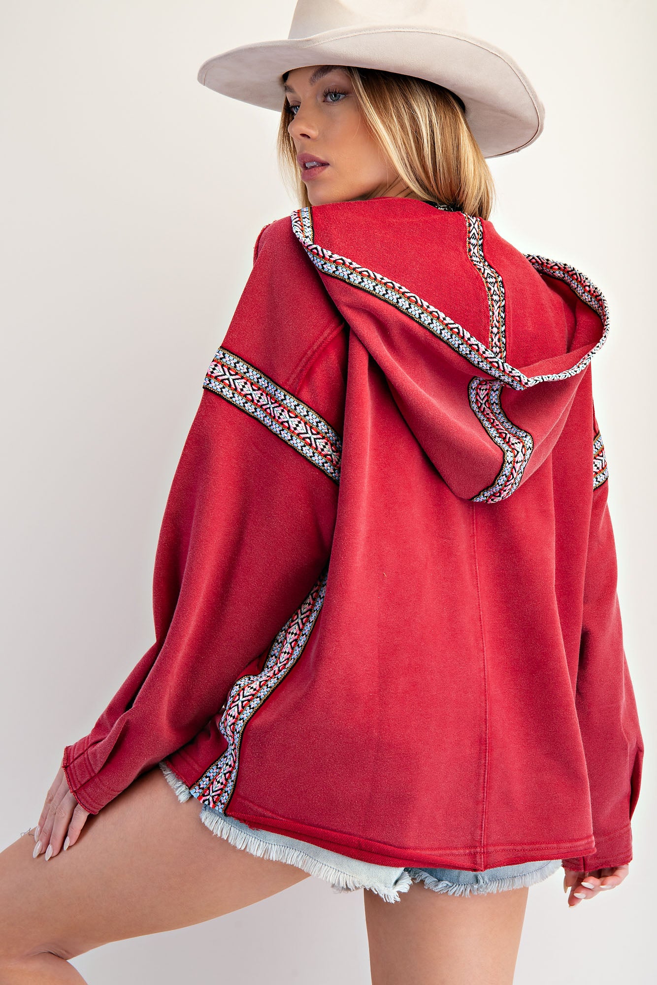 Easel Brand Red Printed Trim Hoodie - The Nines