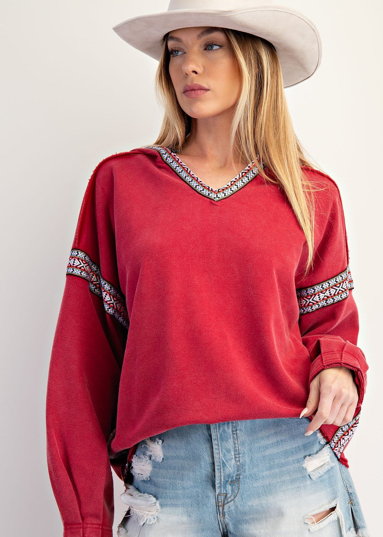 Easel Brand Red Printed Trim Hoodie - The Nines