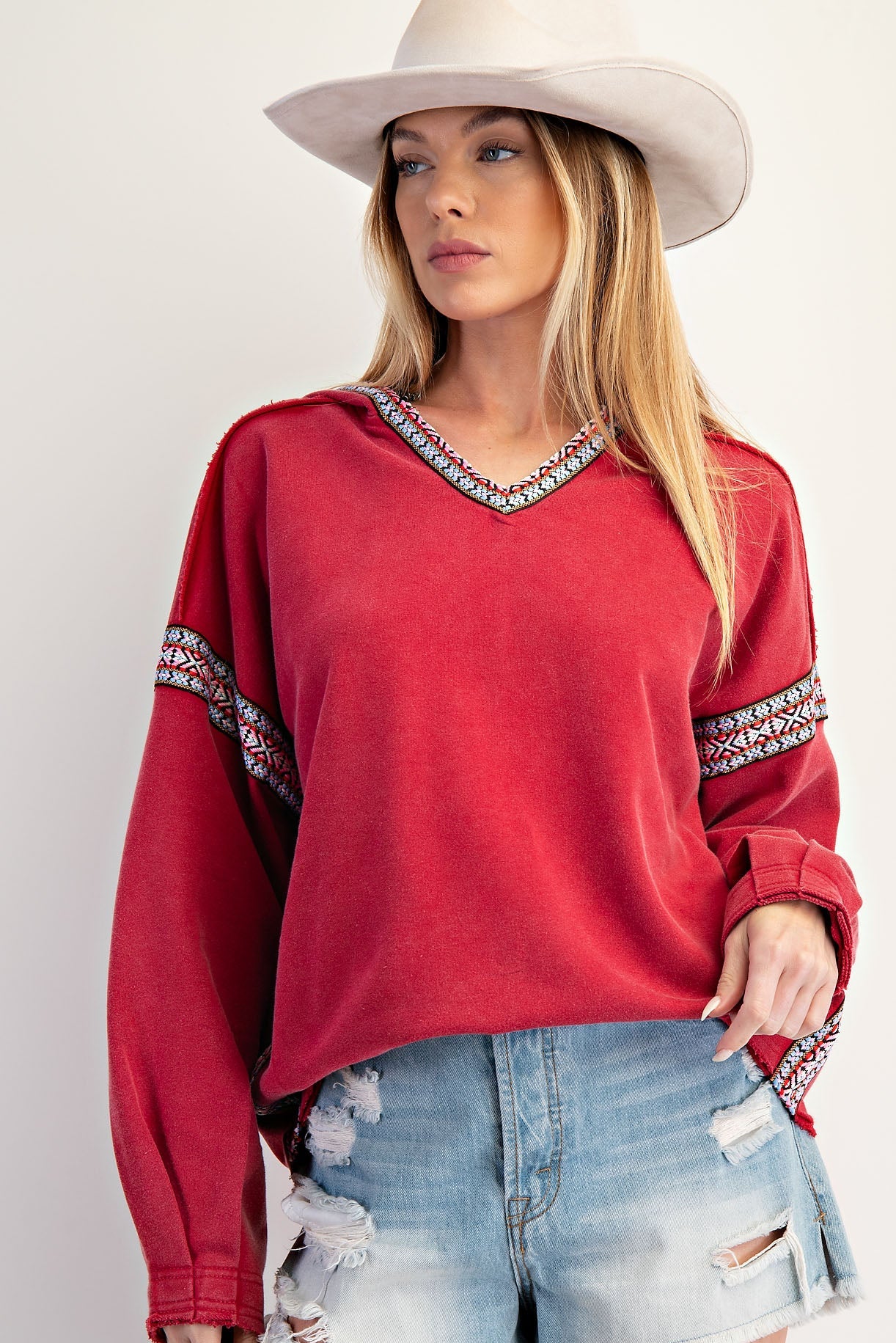Easel Brand Red Printed Trim Hoodie - The Nines