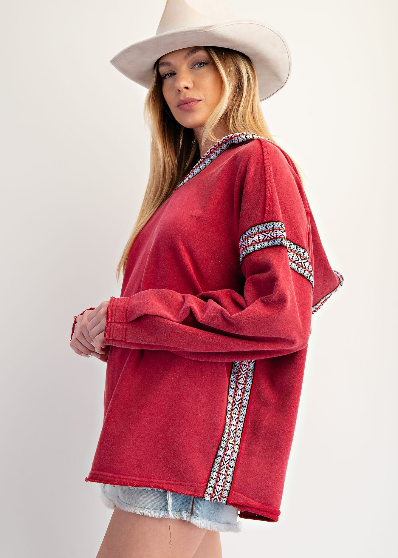 Easel Brand Red Printed Trim Hoodie - The Nines