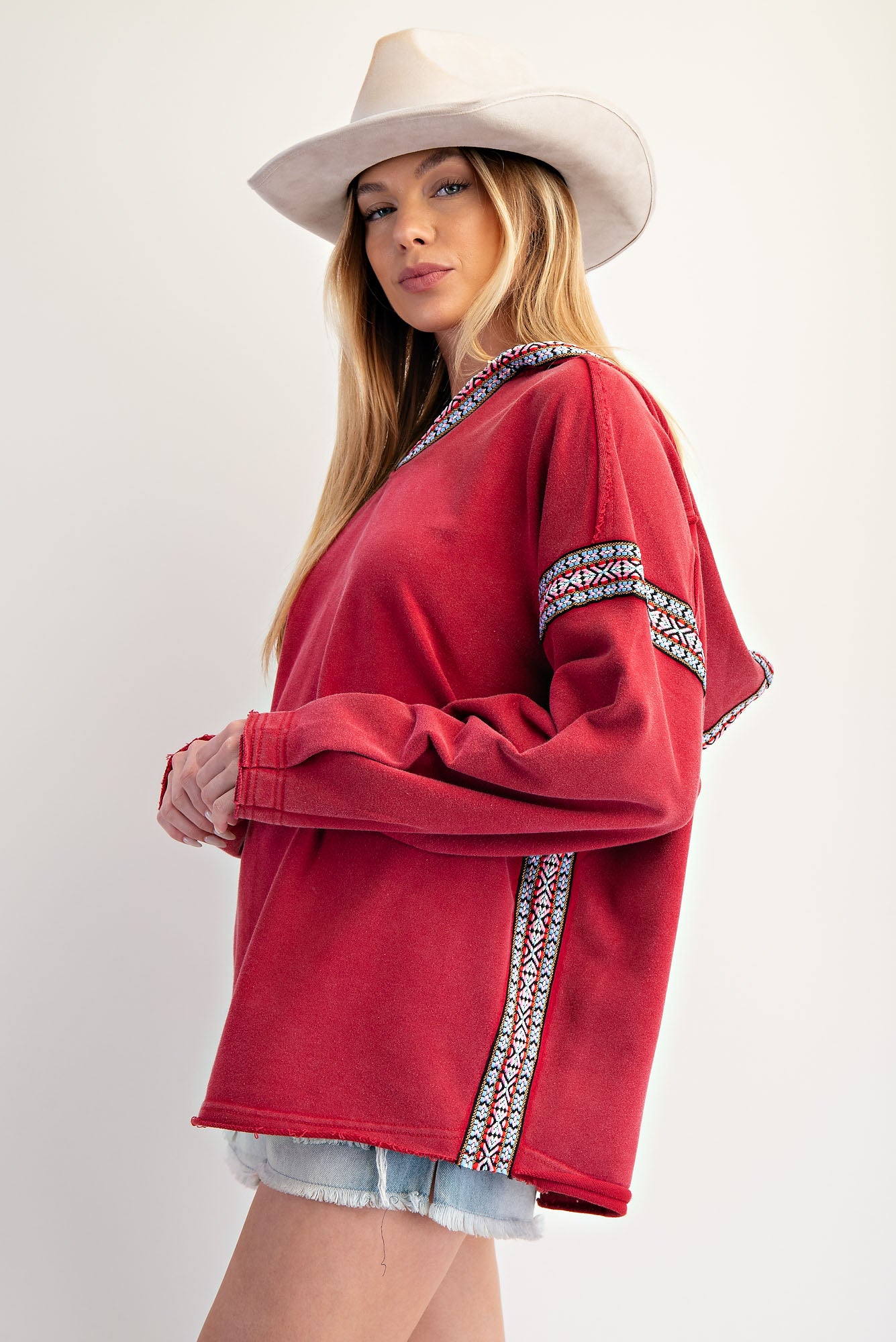 Easel Brand Red Printed Trim Hoodie - The Nines