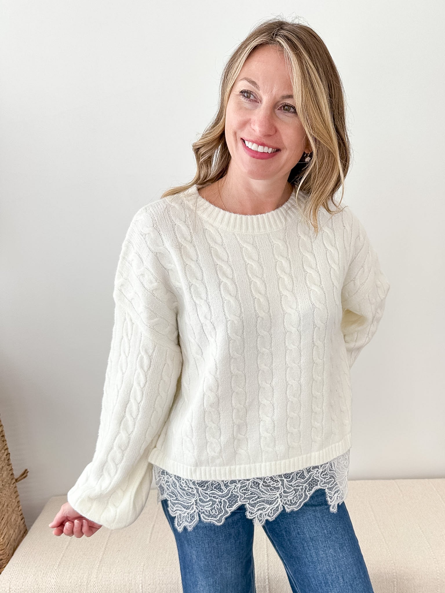 Cable Knit Lace Mixed Hem Sweater - The Nines