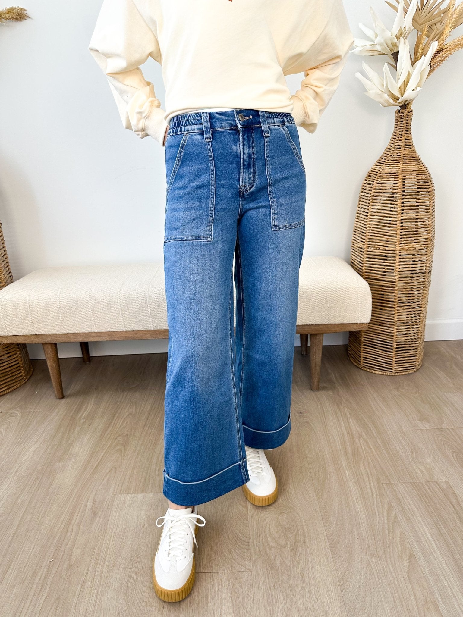 Vervet High Rise Double Cuffed Wide Leg Jeans - The Nines