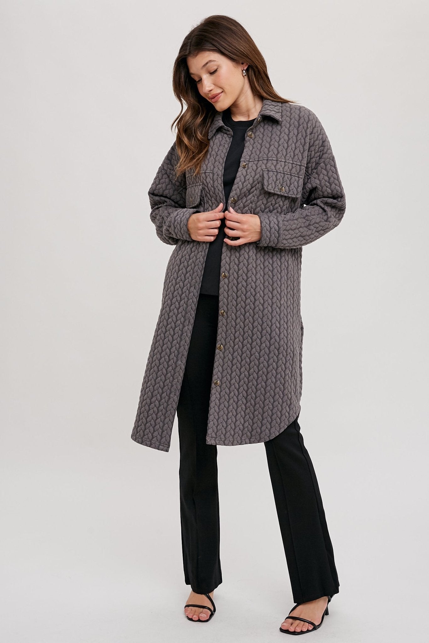 Charcoal Quilted Long Shirt Jacket - The Nines