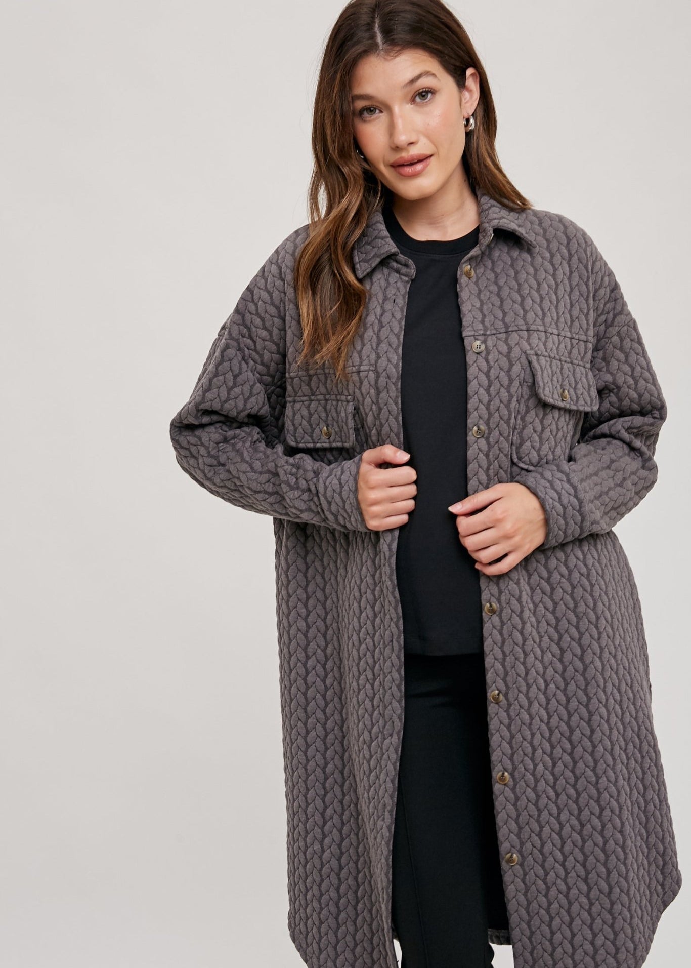 Charcoal Quilted Long Shirt Jacket - The Nines