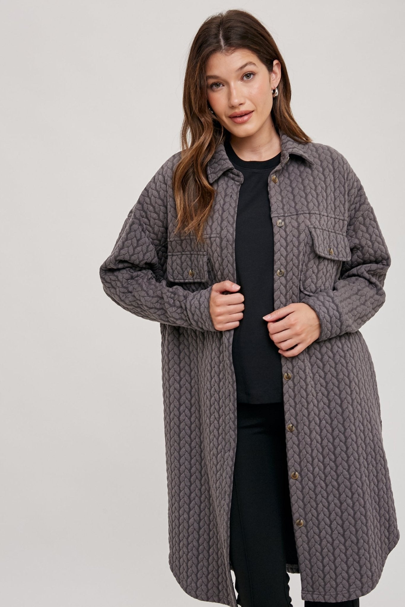 Charcoal Quilted Long Shirt Jacket - The Nines