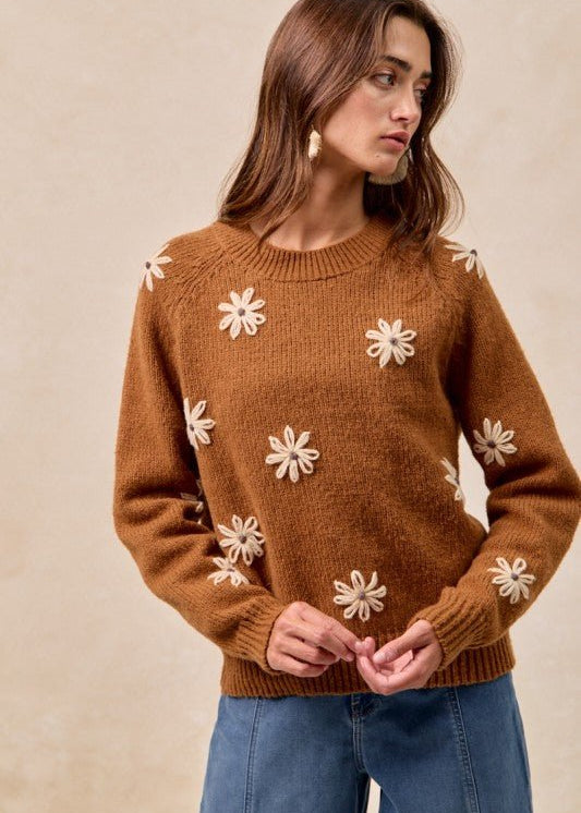Floral Embroidered Dark Mocha Sweater - The Nines