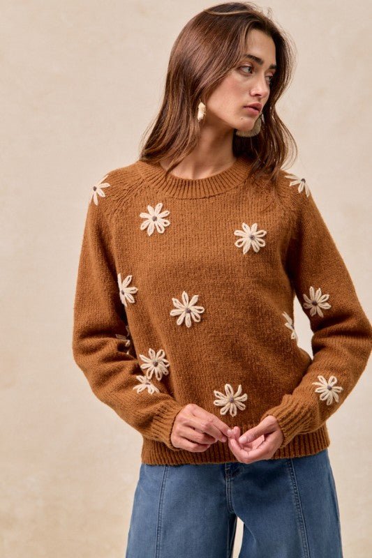 Floral Embroidered Dark Mocha Sweater - The Nines