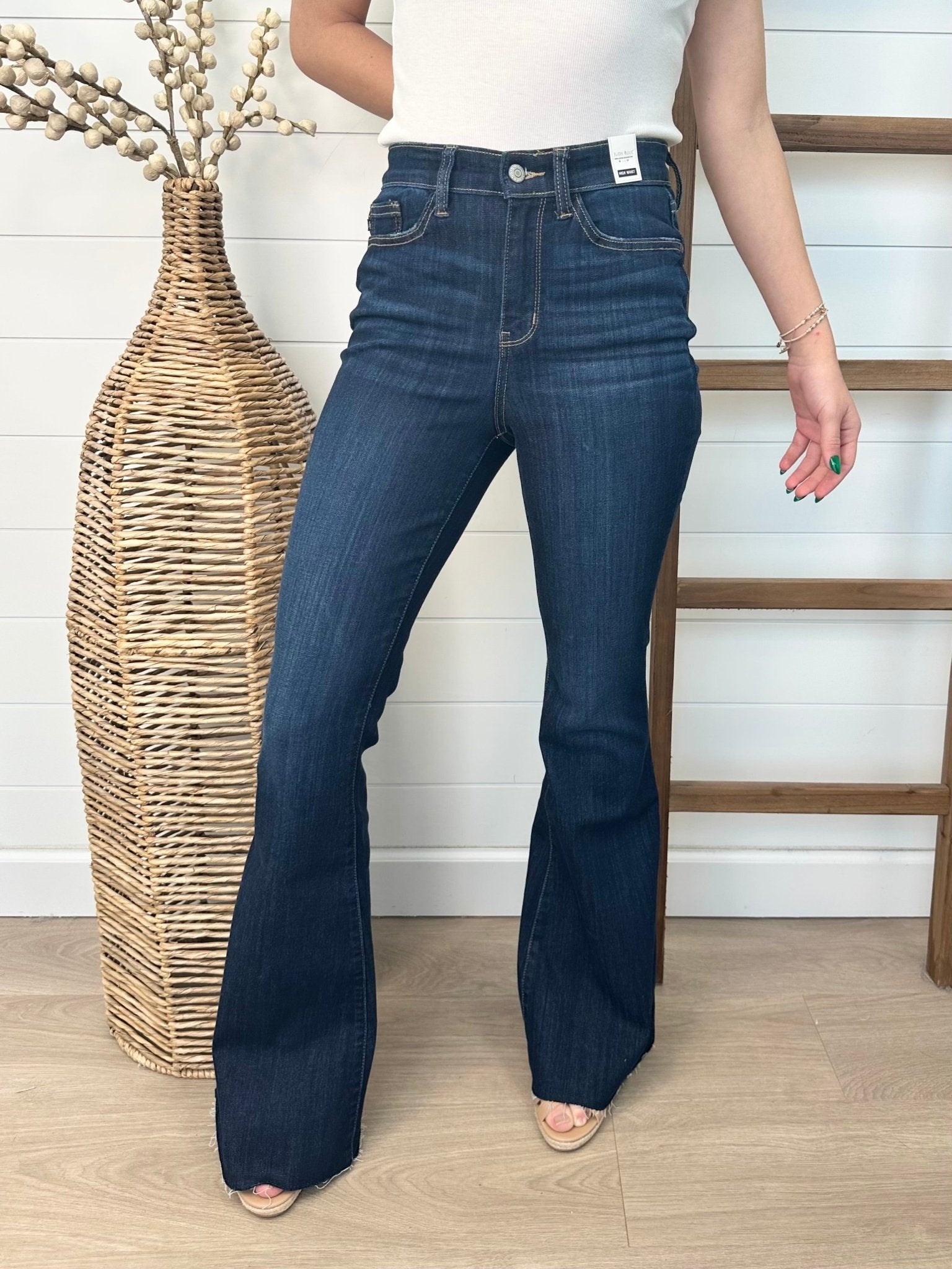 Judy Blue Dark Wash Raw Hem Flare - The Nines