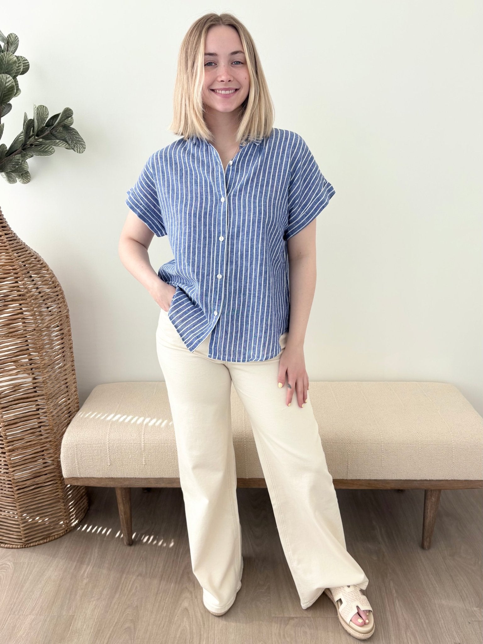 Denim Blue Striped Linen Top - The Nines