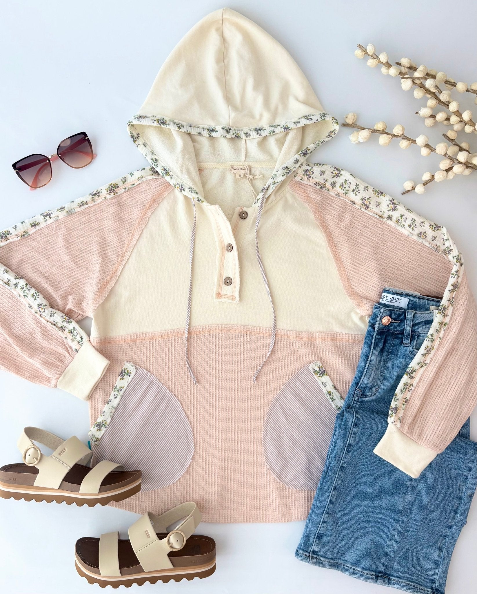 Ivory & Blush Mixed Fabric Hoodie - The Nines