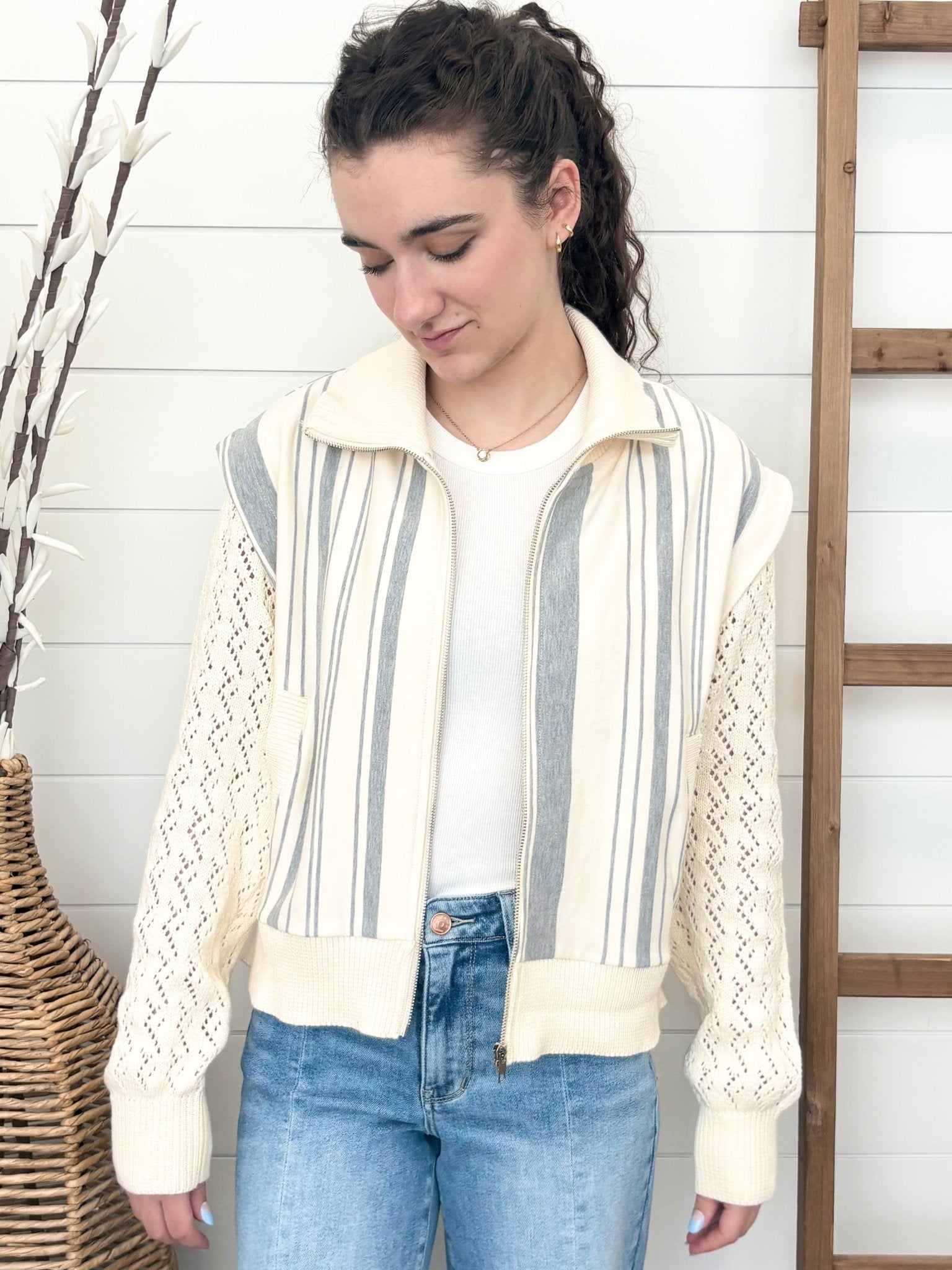 Mixed Media Striped Jacket - The Nines