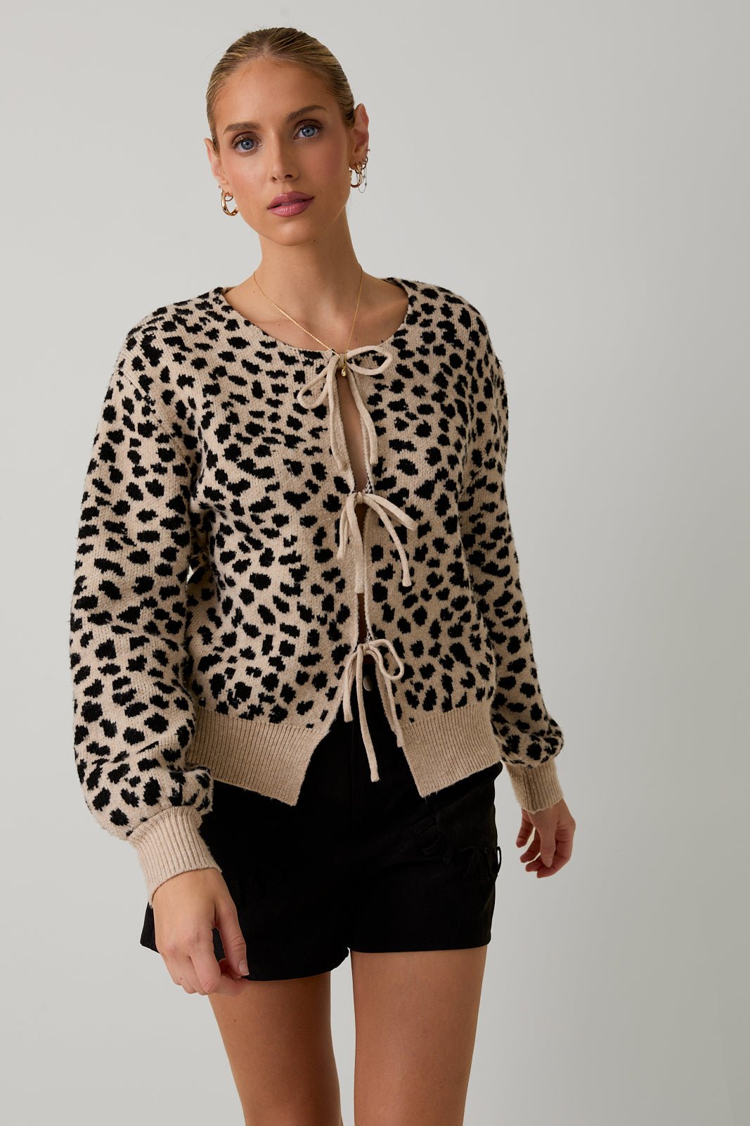 Taupe & Black Animal Print Tie Sweater Top - The Nines