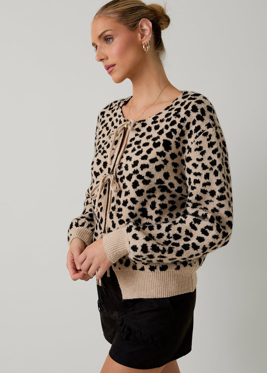 Taupe & Black Animal Print Tie Sweater Top - The Nines