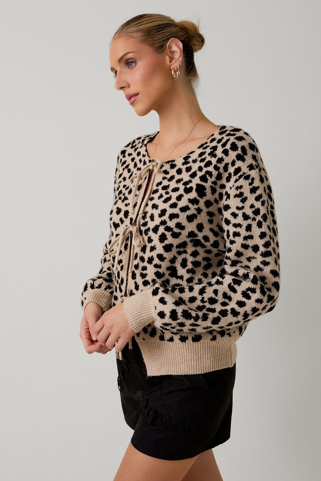 Taupe & Black Animal Print Tie Sweater Top - The Nines