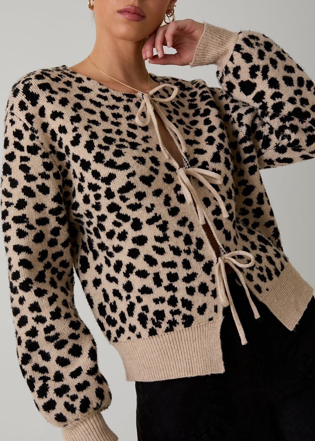 Taupe & Black Animal Print Tie Sweater Top - The Nines