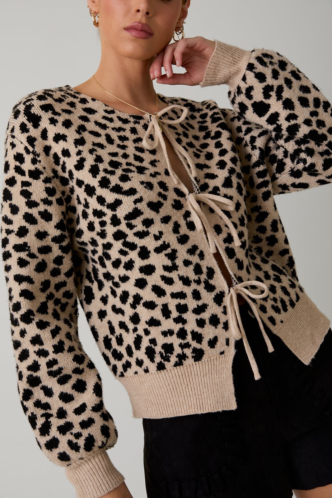 Taupe & Black Animal Print Tie Sweater Top - The Nines