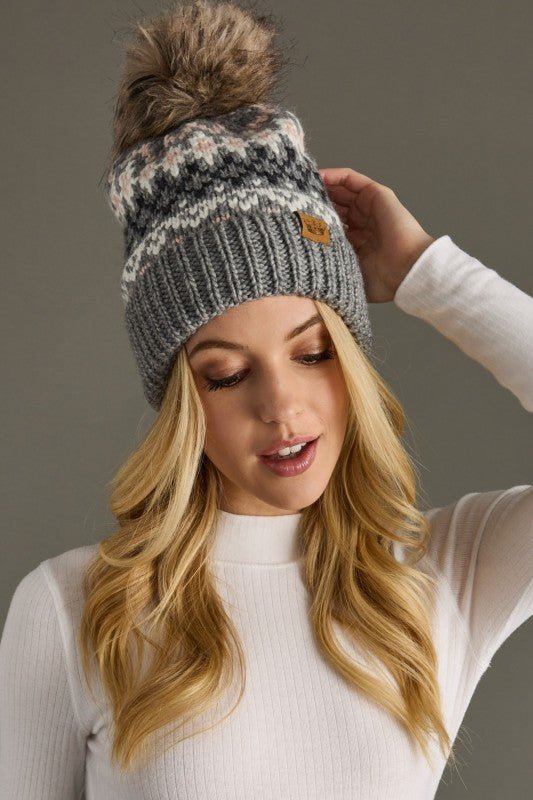 Gray & White Pattern Pom Hat - The Nines