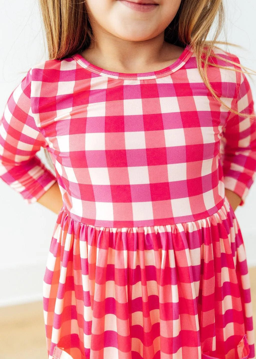 Hot Pink Gingham 3/4 Sleeve Pocket Twirl Dress - The Nines