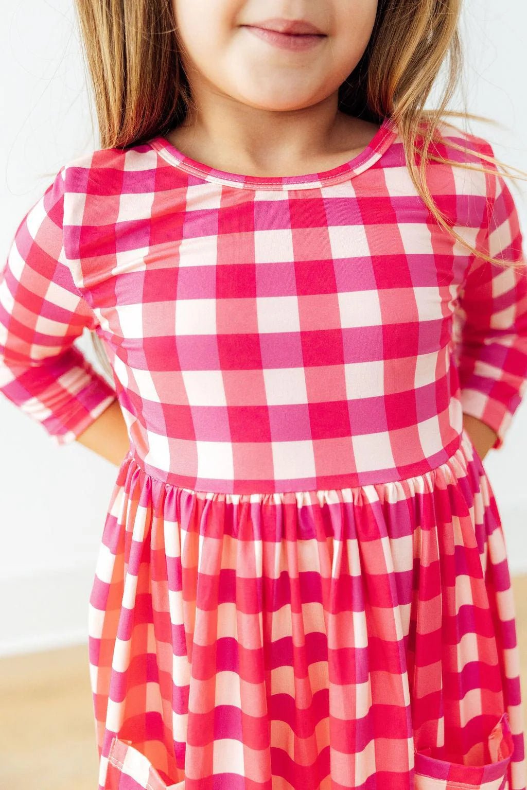 Hot Pink Gingham 3/4 Sleeve Pocket Twirl Dress - The Nines