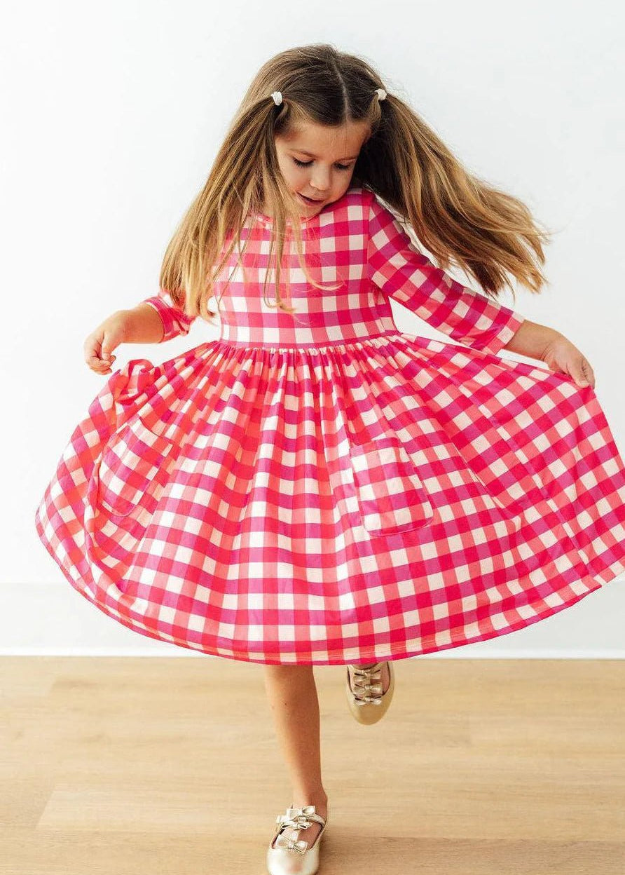 Hot Pink Gingham 3/4 Sleeve Pocket Twirl Dress - The Nines