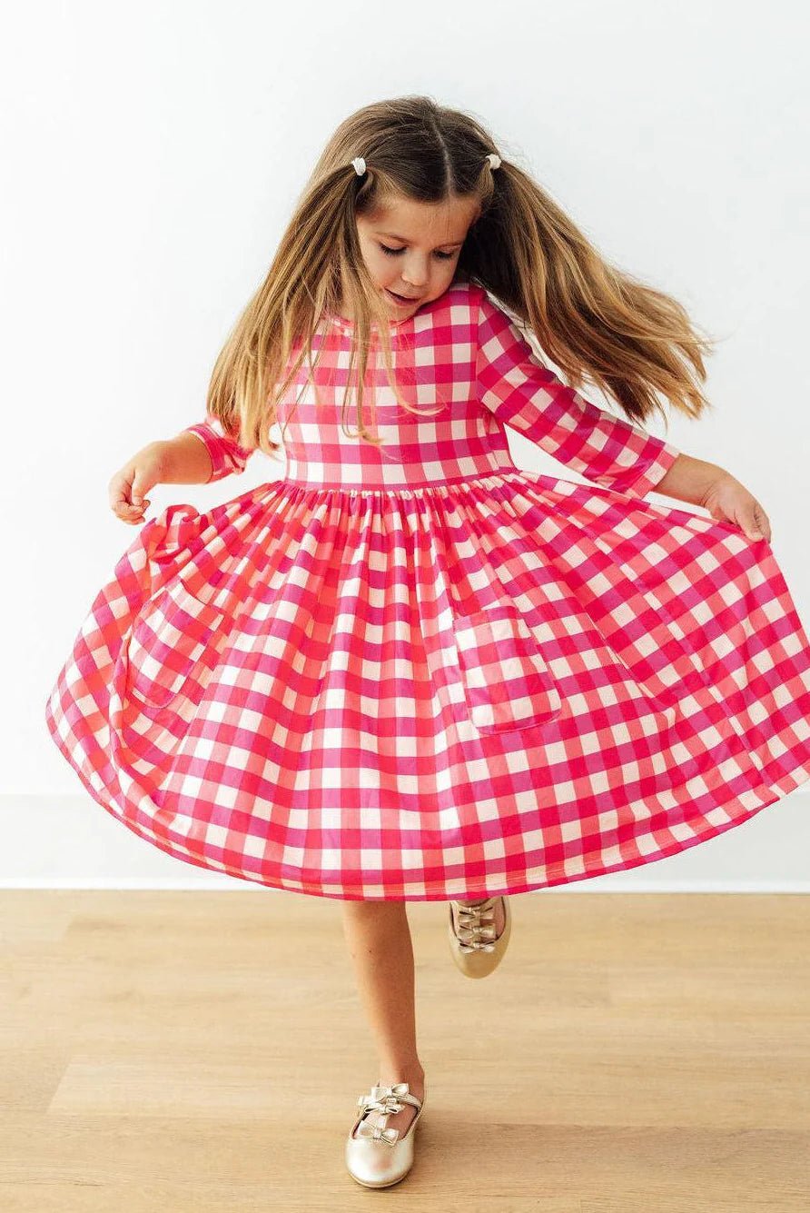 Hot Pink Gingham 3/4 Sleeve Pocket Twirl Dress - The Nines