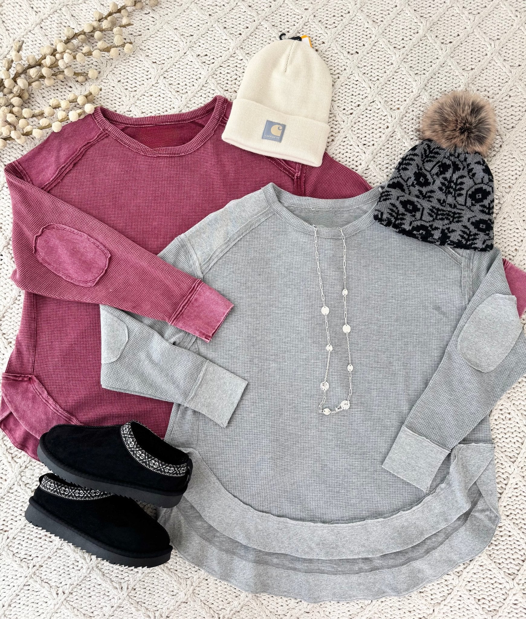 Mineral Wash Waffle Elbow Patch Top - 2 colors! - The Nines