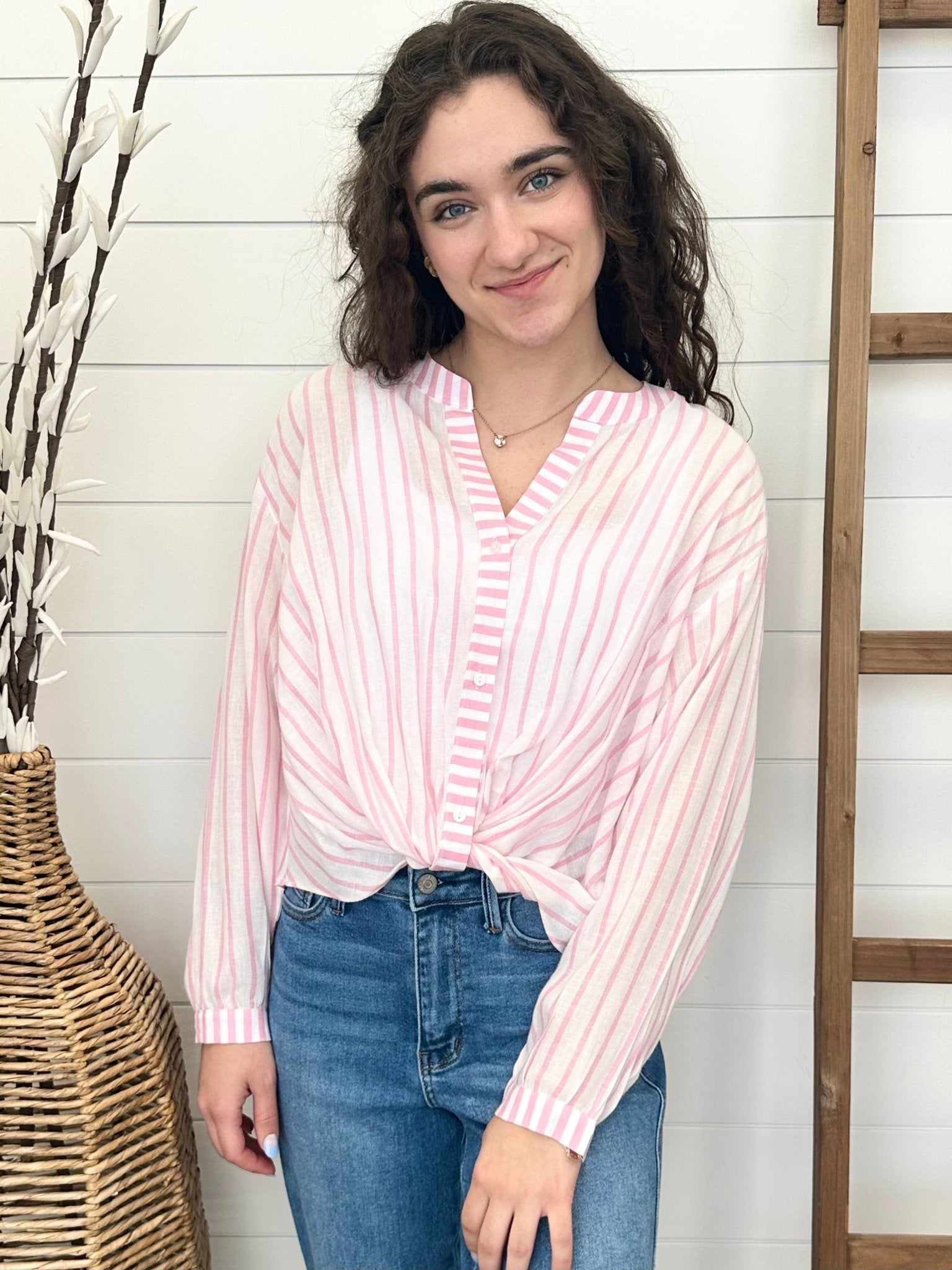 White & Pink Striped Button Down - The Nines