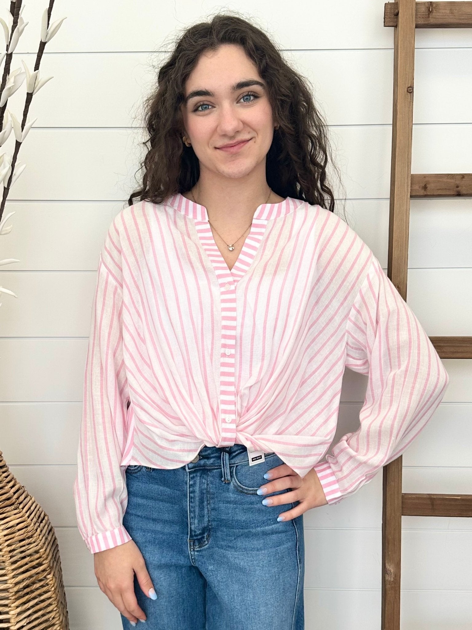 White & Pink Striped Button Down - The Nines