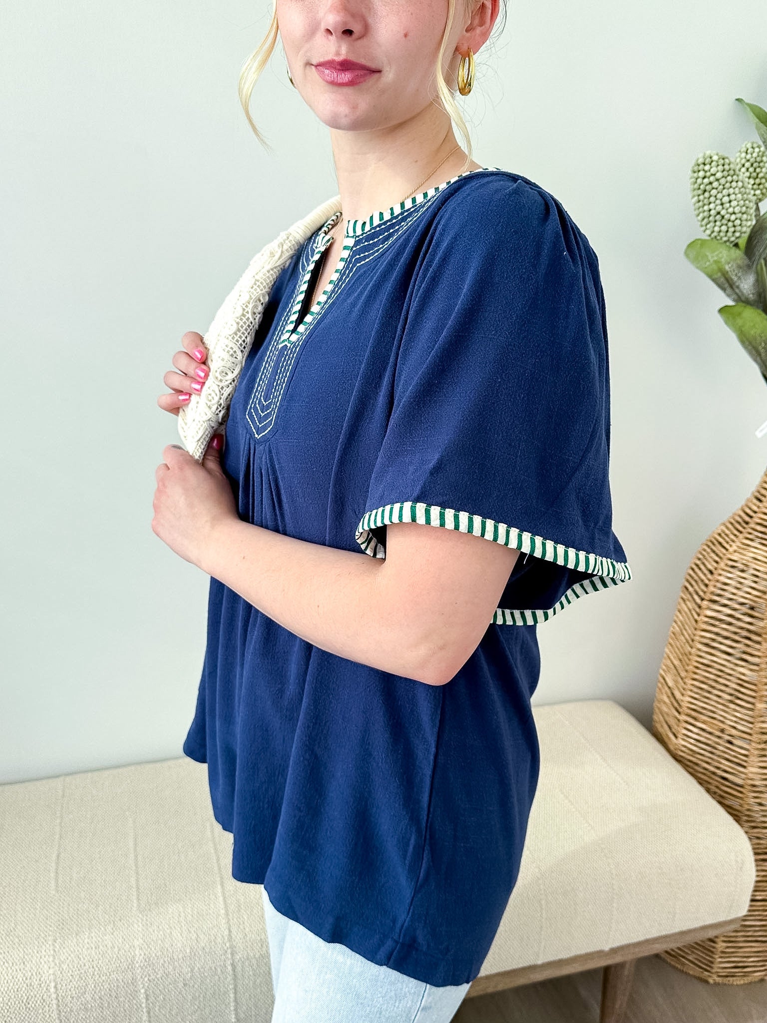 Navy Flutter Sleeve Relaxed Blouse - The Nines