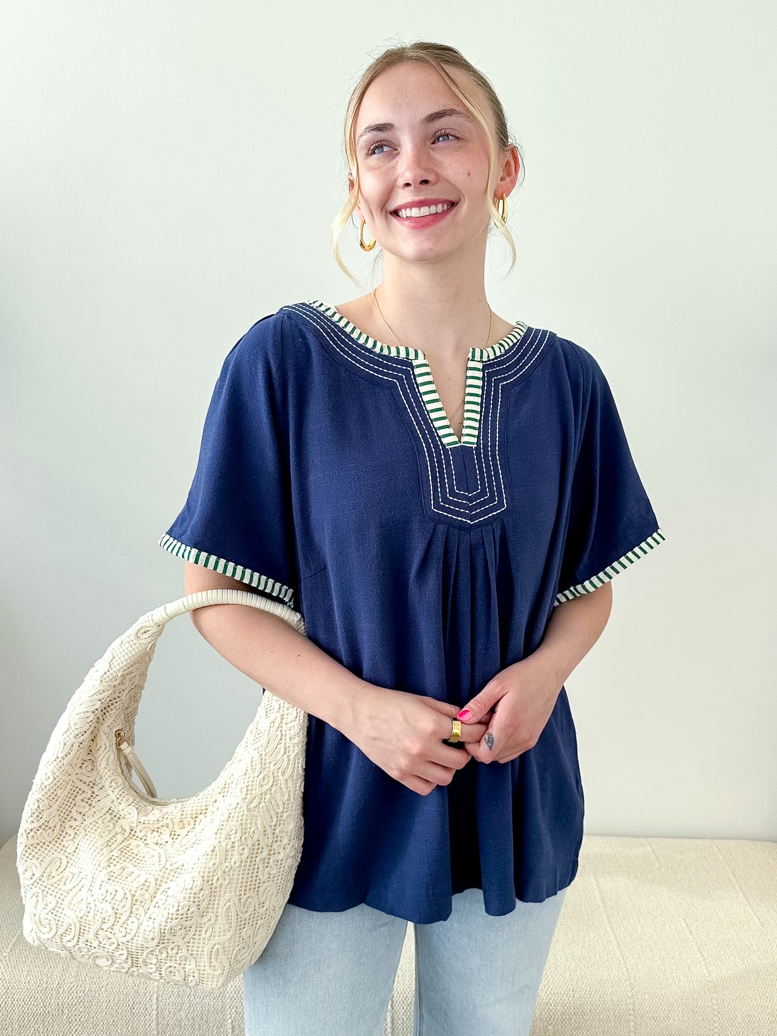 Navy Flutter Sleeve Relaxed Blouse - The Nines