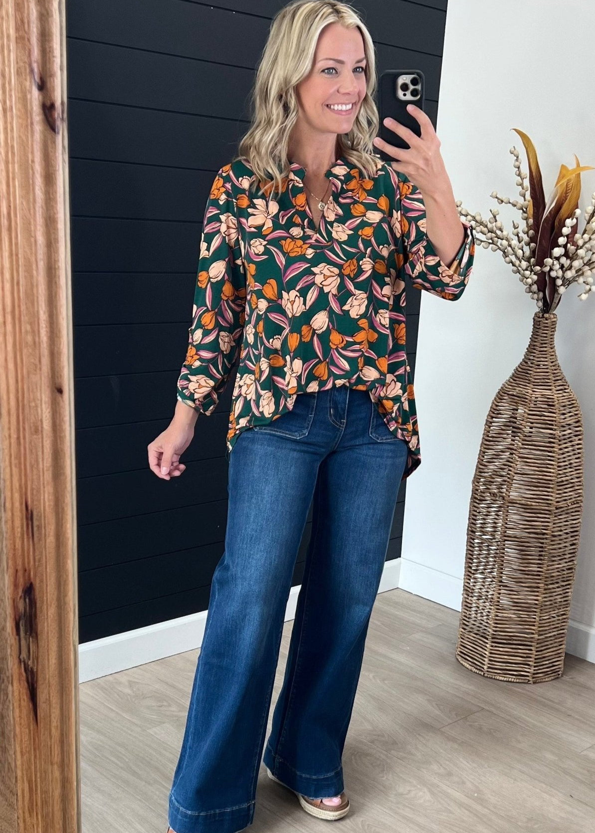 Hunter Green Floral Wrinkle Free Top - The Nines